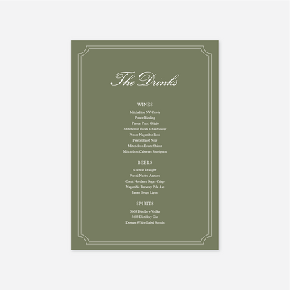 Heritage wedding drinks menu wedding stationery in Sage — Just Hitched