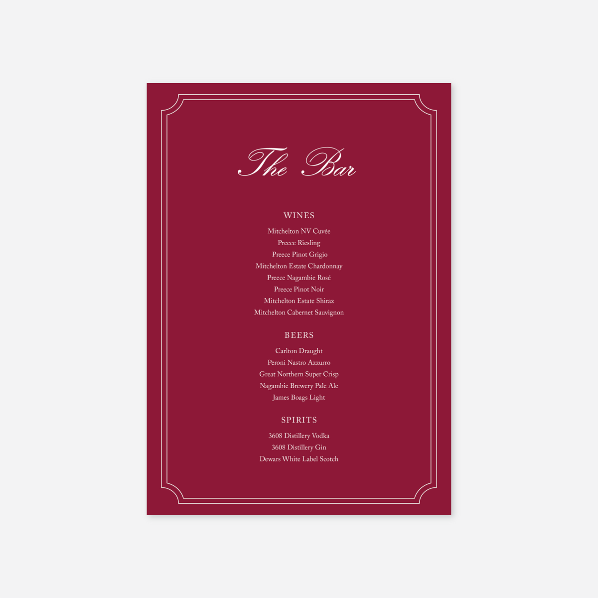 Heritage wedding bar menu wedding stationery in Cherry — Just Hitched