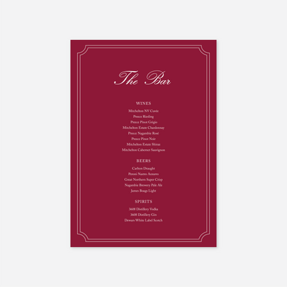 Heritage wedding bar menu wedding stationery in Cherry — Just Hitched