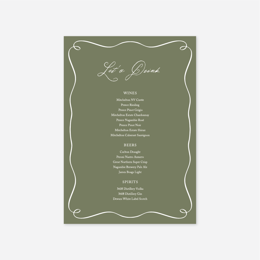Elegance wedding drinks menu wedding stationery in Sage — Just Hitched