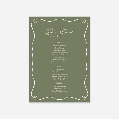 Elegance wedding drinks menu wedding stationery in Sage — Just Hitched