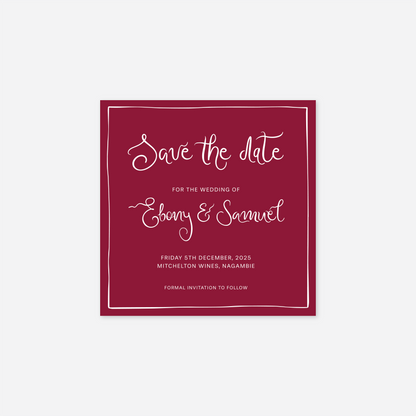 Whimsical save the date card wedding stationery in Cherry Red — Just Hitched