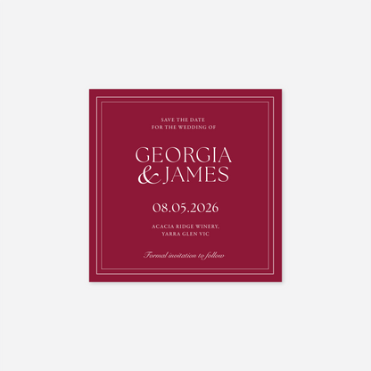 Romance save the date card wedding stationery in Cherry Red — Just Hitched