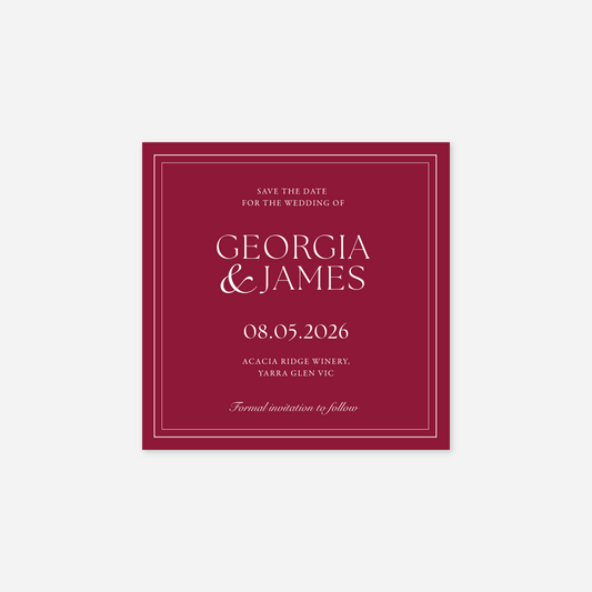 Romance save the date card wedding stationery in Cherry Red — Just Hitched