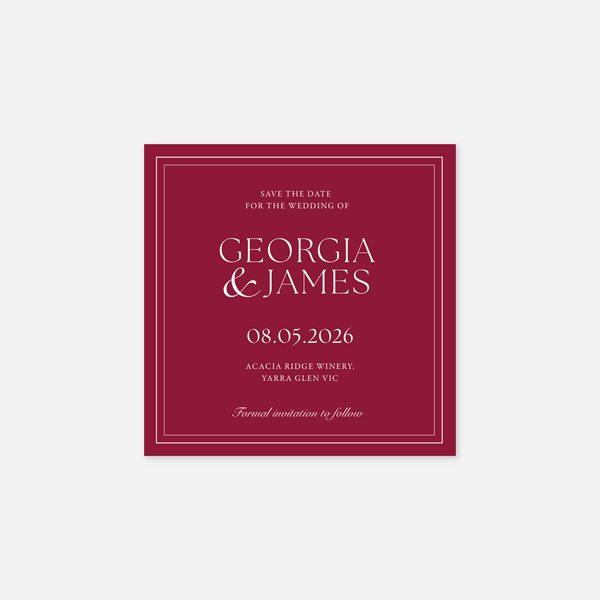 Romance save the date card wedding stationery in Cherry Red — Just Hitched
