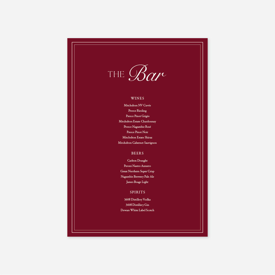 Romance wedding bar menu wedding stationery in Cherry — Just Hitched