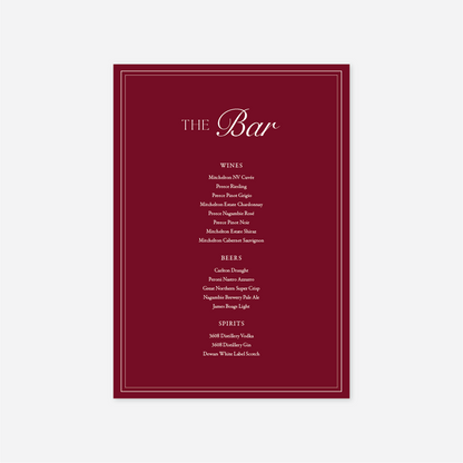 Romance wedding bar menu wedding stationery in Cherry — Just Hitched