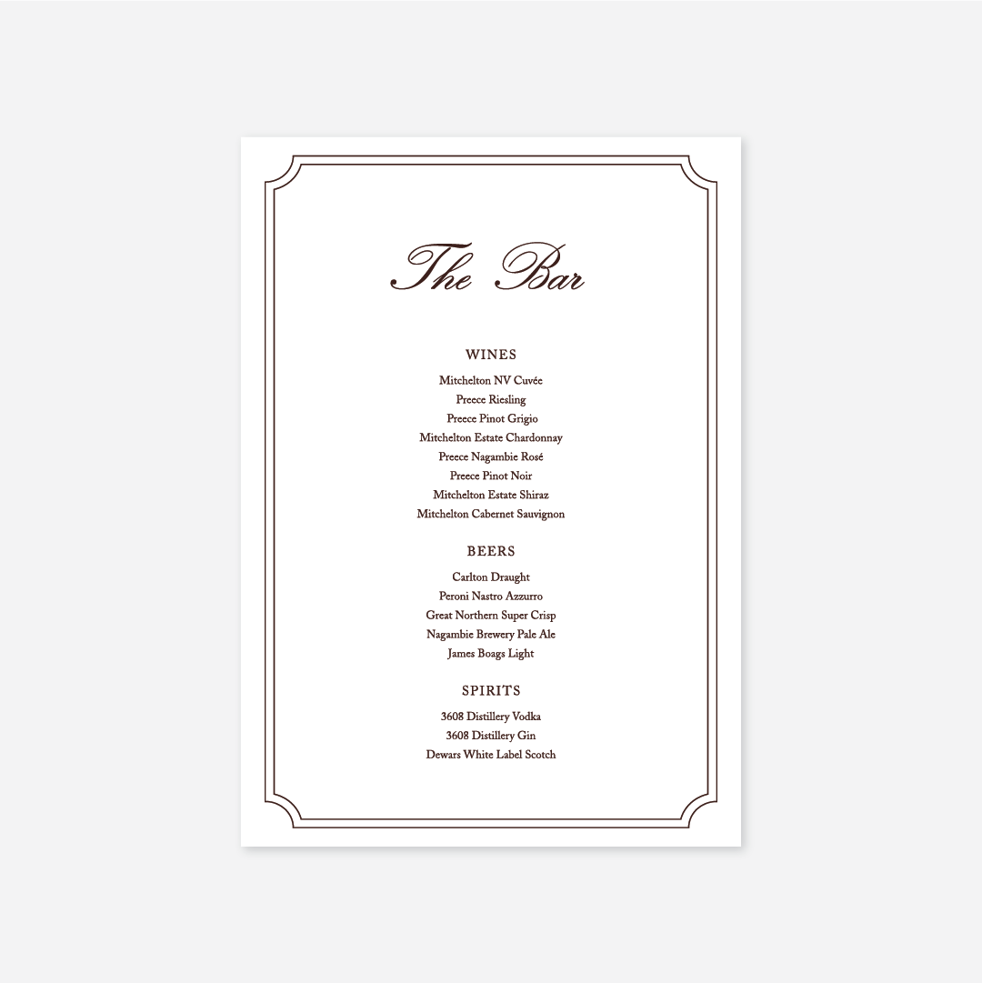 Heritage wedding bar menu wedding stationery in White — Just Hitched