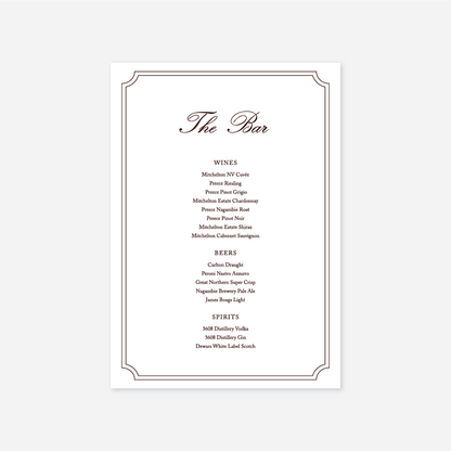 Heritage wedding bar menu wedding stationery in White — Just Hitched