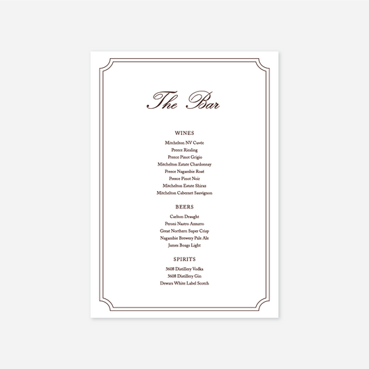 Heritage wedding bar menu wedding stationery in White — Just Hitched