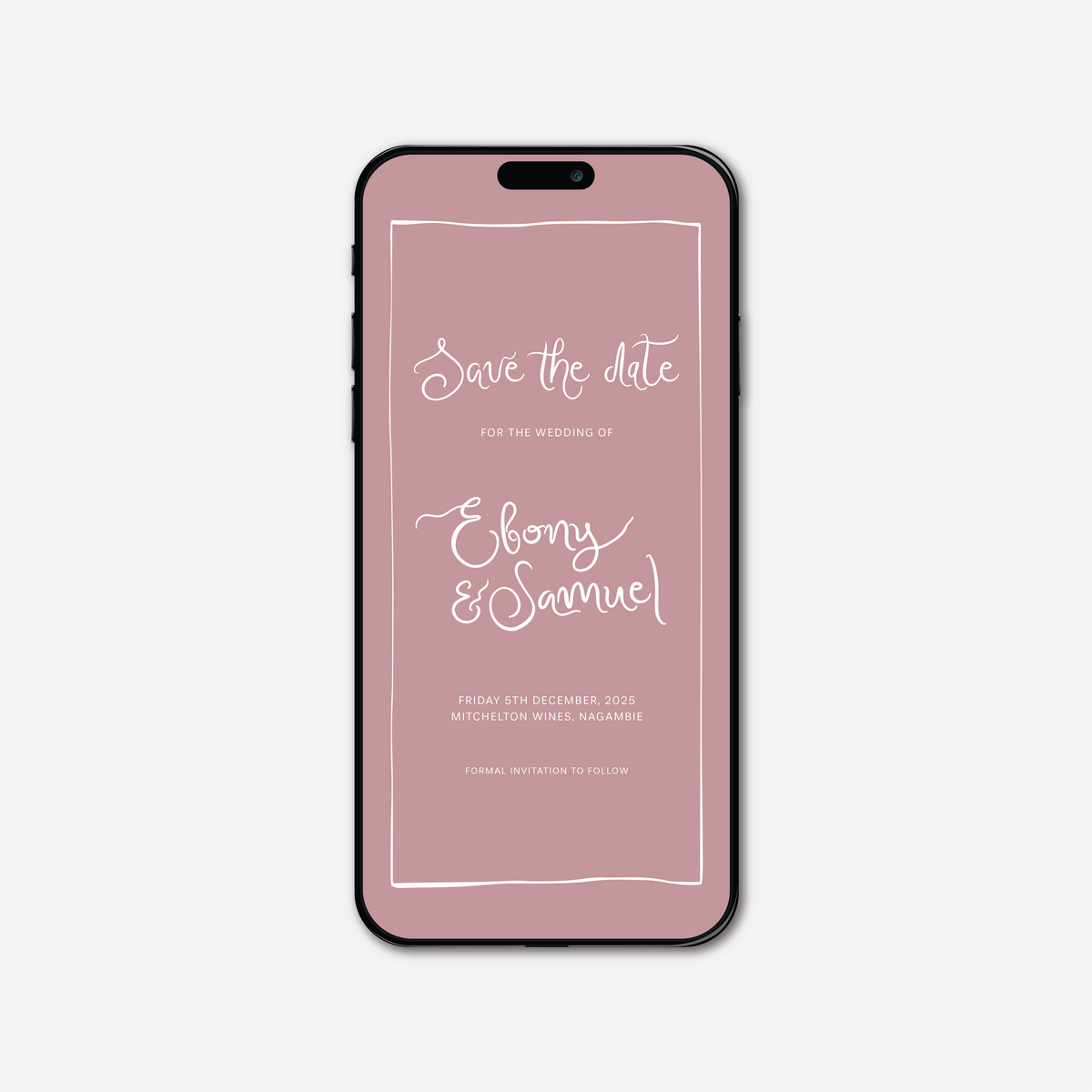 Digital save the date card (Whimsical-style) in Dusty Rose — Just Hitched