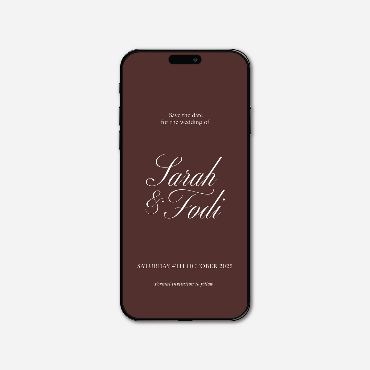 Digital save the date card (Classic-style) in Chocolate Brown — Just Hitched