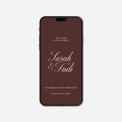 Digital save the date card (Classic-style) in Chocolate Brown — Just Hitched