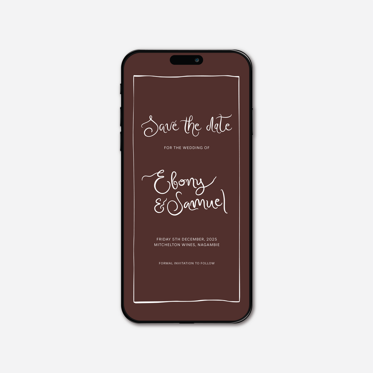 Digital save the date card (Whimsical-style) in Chocolate Brown — Just Hitched