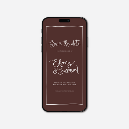 Digital save the date card (Whimsical-style) in Chocolate Brown — Just Hitched