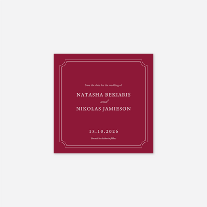 Heritage save the date card wedding stationery in Cherry Red — Just Hitched