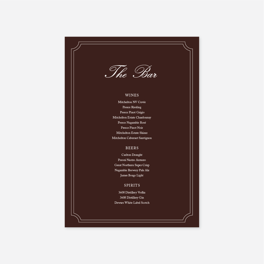 Heritage wedding bar menu wedding stationery in Chocolate — Just Hitched
