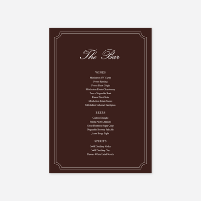 Heritage wedding bar menu wedding stationery in Chocolate — Just Hitched