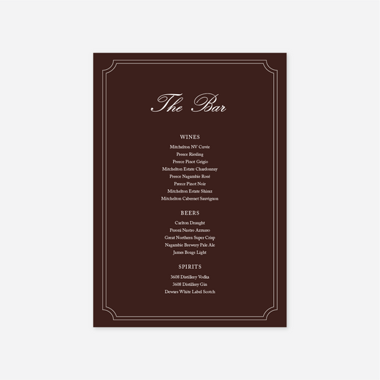 Heritage wedding bar menu wedding stationery in Chocolate — Just Hitched