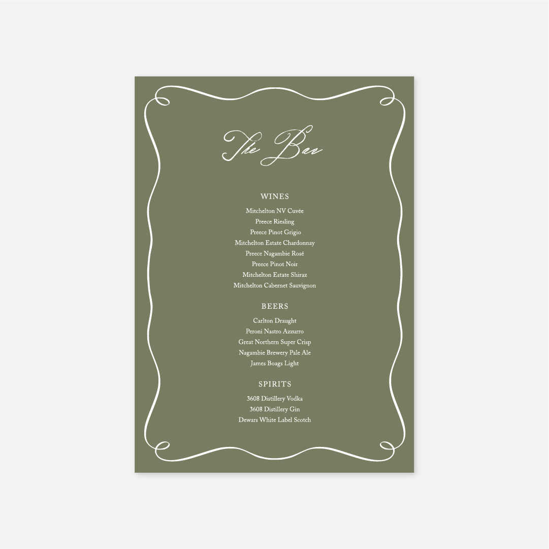 Elegance wedding bar menu wedding stationery in Sage — Just Hitched