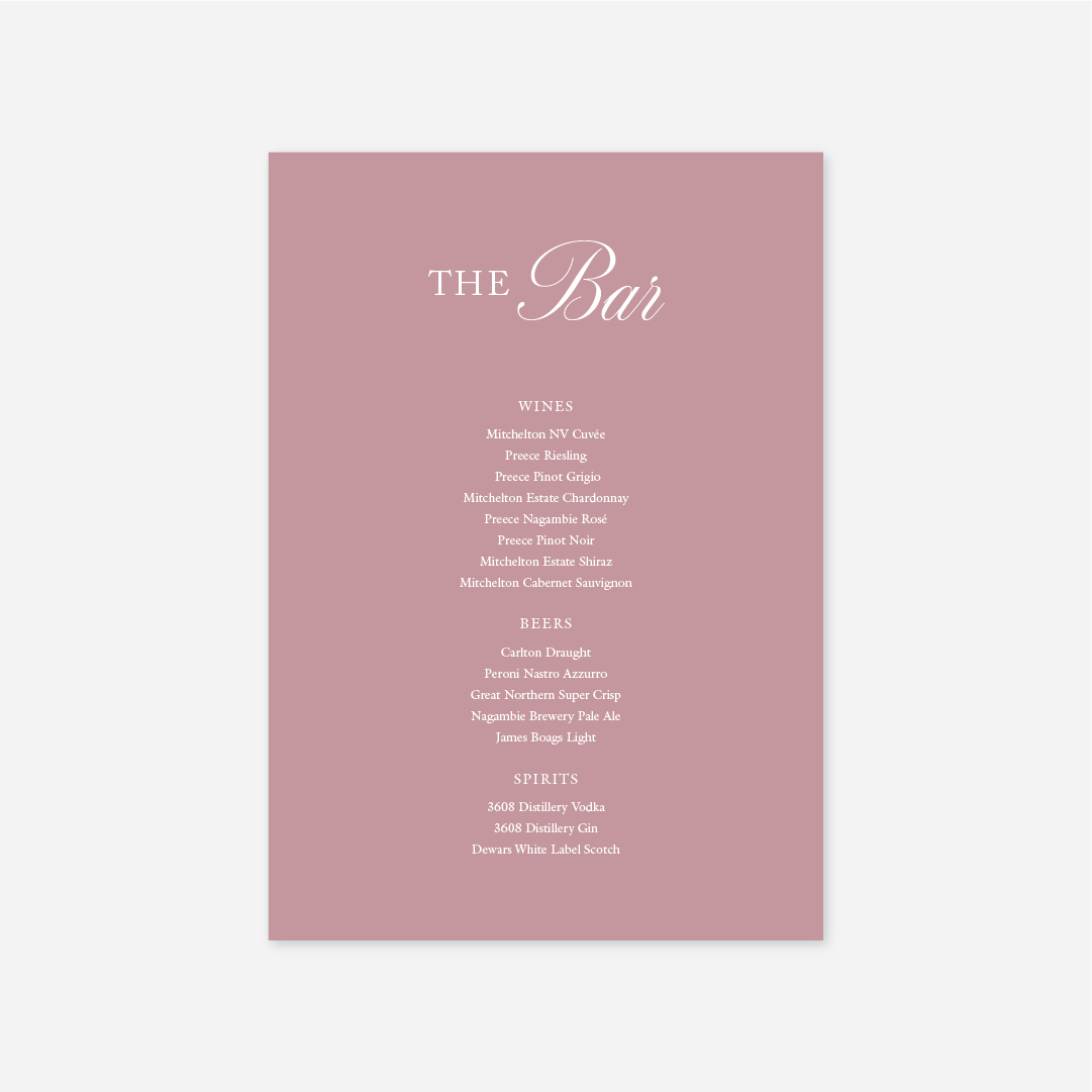 Classic wedding bar menu wedding stationery in Rose — Just Hitched