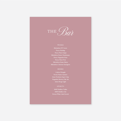 Classic wedding bar menu wedding stationery in Rose — Just Hitched