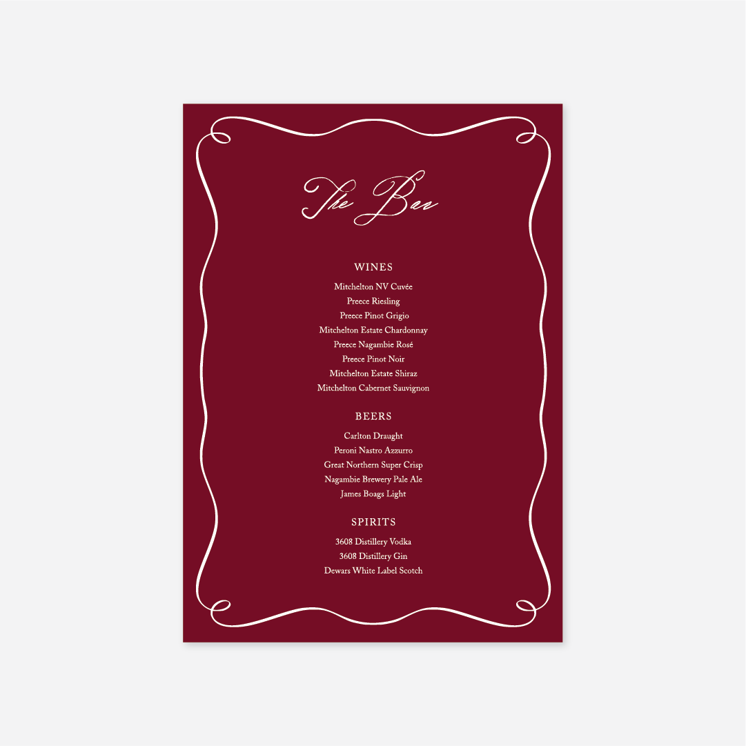 Elegance wedding bar menu wedding stationery in Cherry — Just Hitched