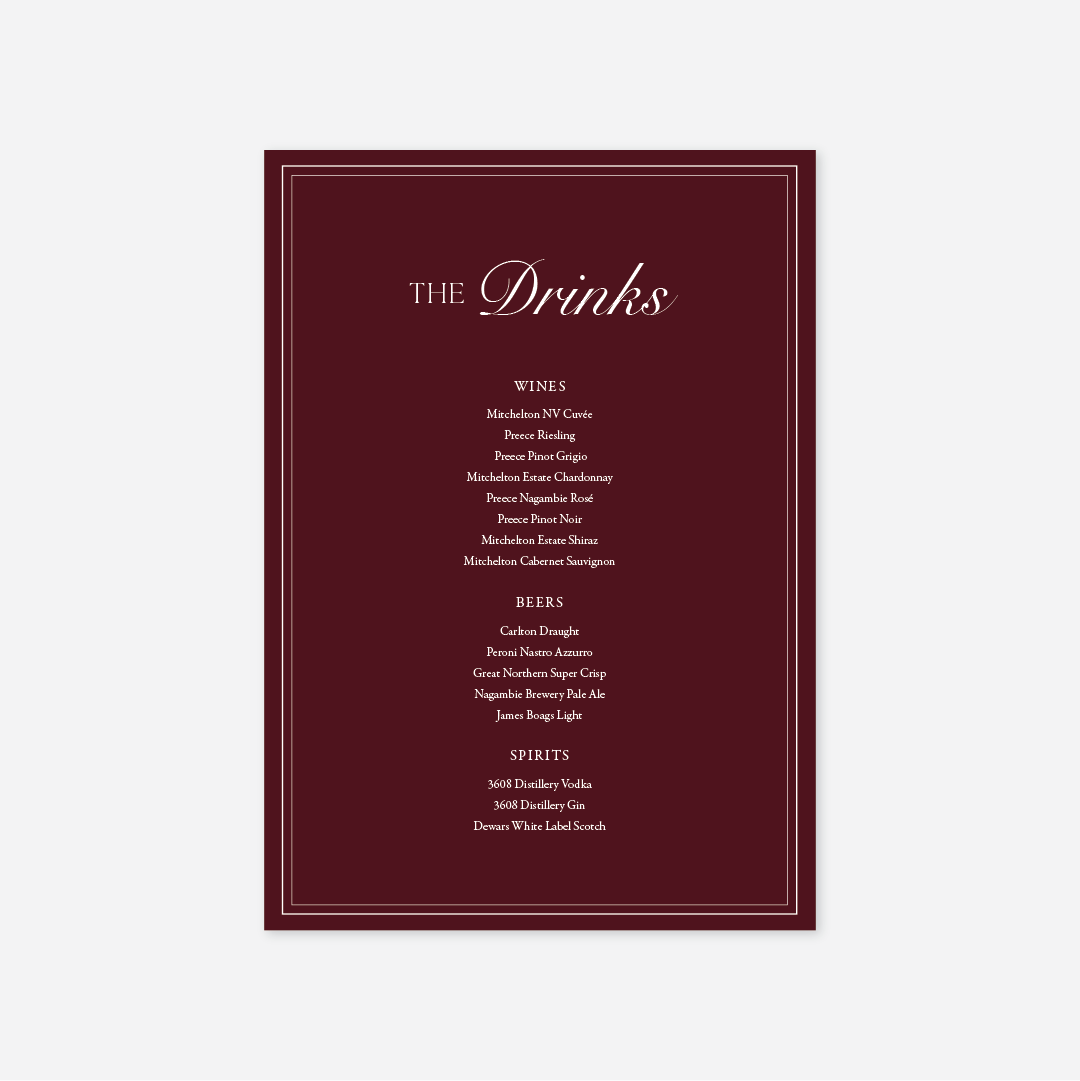 Romance wedding drinks menu wedding stationery in Burgundy — Just Hitched
