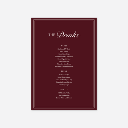 Romance wedding drinks menu wedding stationery in Burgundy — Just Hitched