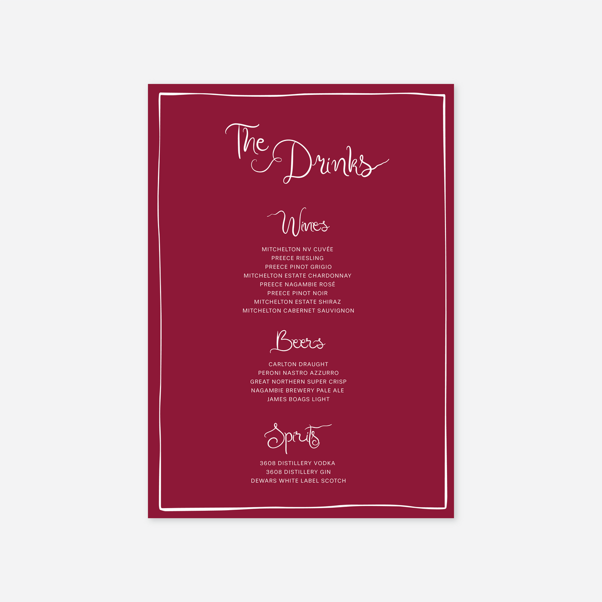 Whimsical wedding drinks menu wedding stationery in Cherry — Just Hitched