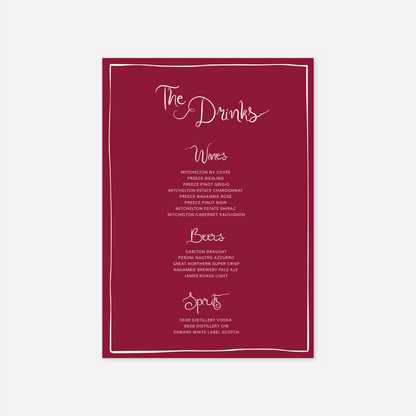 Whimsical wedding drinks menu wedding stationery in Cherry — Just Hitched