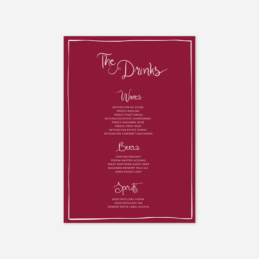 Whimsical wedding drinks menu wedding stationery in Sage — Just Hitched