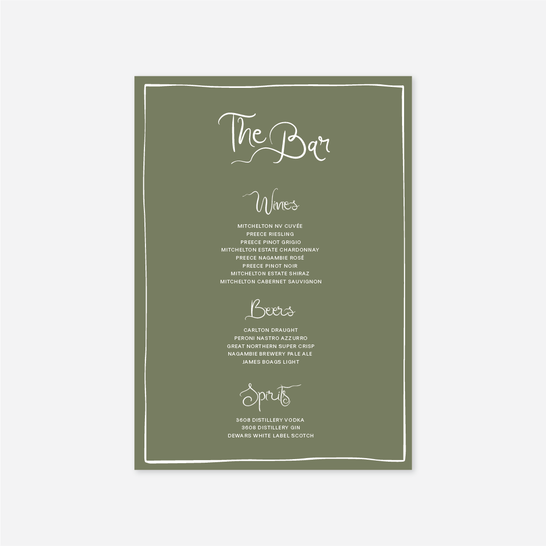 Whimsical wedding bar menu wedding stationery in Sage — Just Hitched