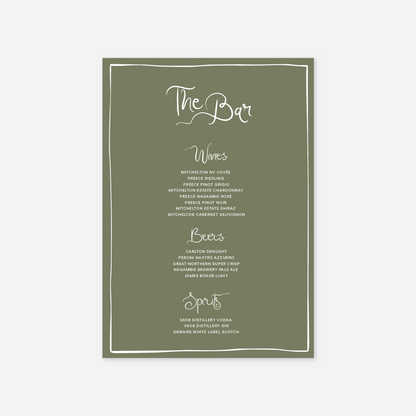 Whimsical wedding bar menu wedding stationery in Sage — Just Hitched