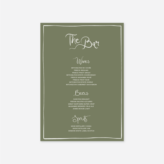 Whimsical wedding bar menu wedding stationery in Sage — Just Hitched