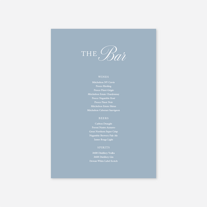 Classic wedding bar menu wedding stationery in Blue — Just Hitched