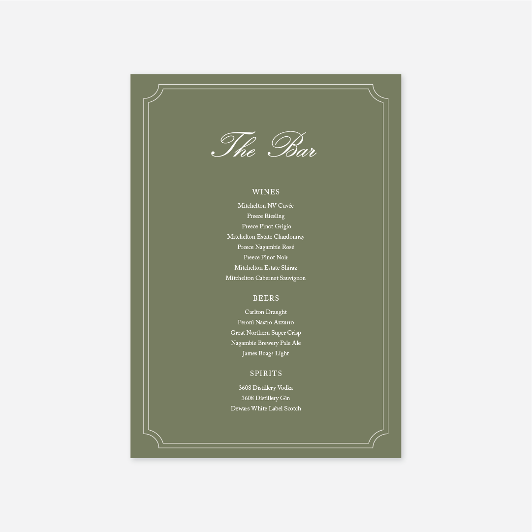 Heritage wedding bar menu wedding stationery in Sage — Just Hitched