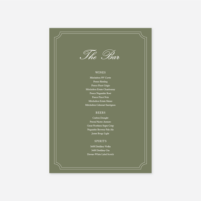 Heritage wedding bar menu wedding stationery in Sage — Just Hitched