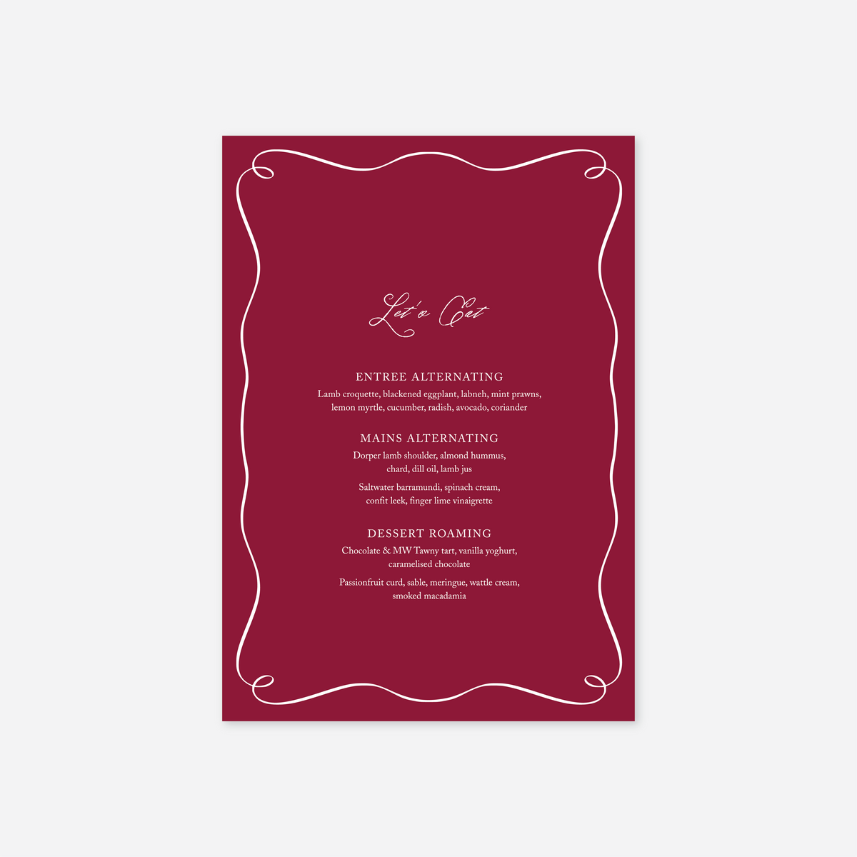 Elegance wedding menu card wedding stationery in Cherry Red — Just Hitched