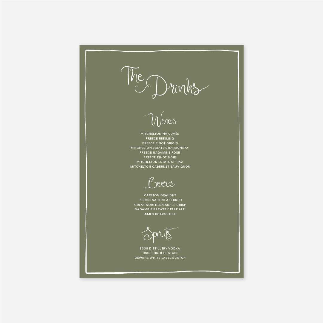 Whimsical wedding drinks menu wedding stationery in Sage — Just Hitched