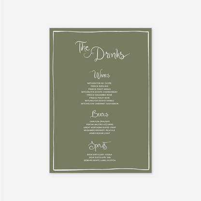 Whimsical wedding drinks menu wedding stationery in Sage — Just Hitched