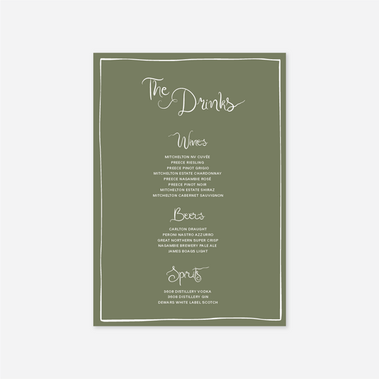 Whimsical wedding drinks menu wedding stationery in Sage — Just Hitched