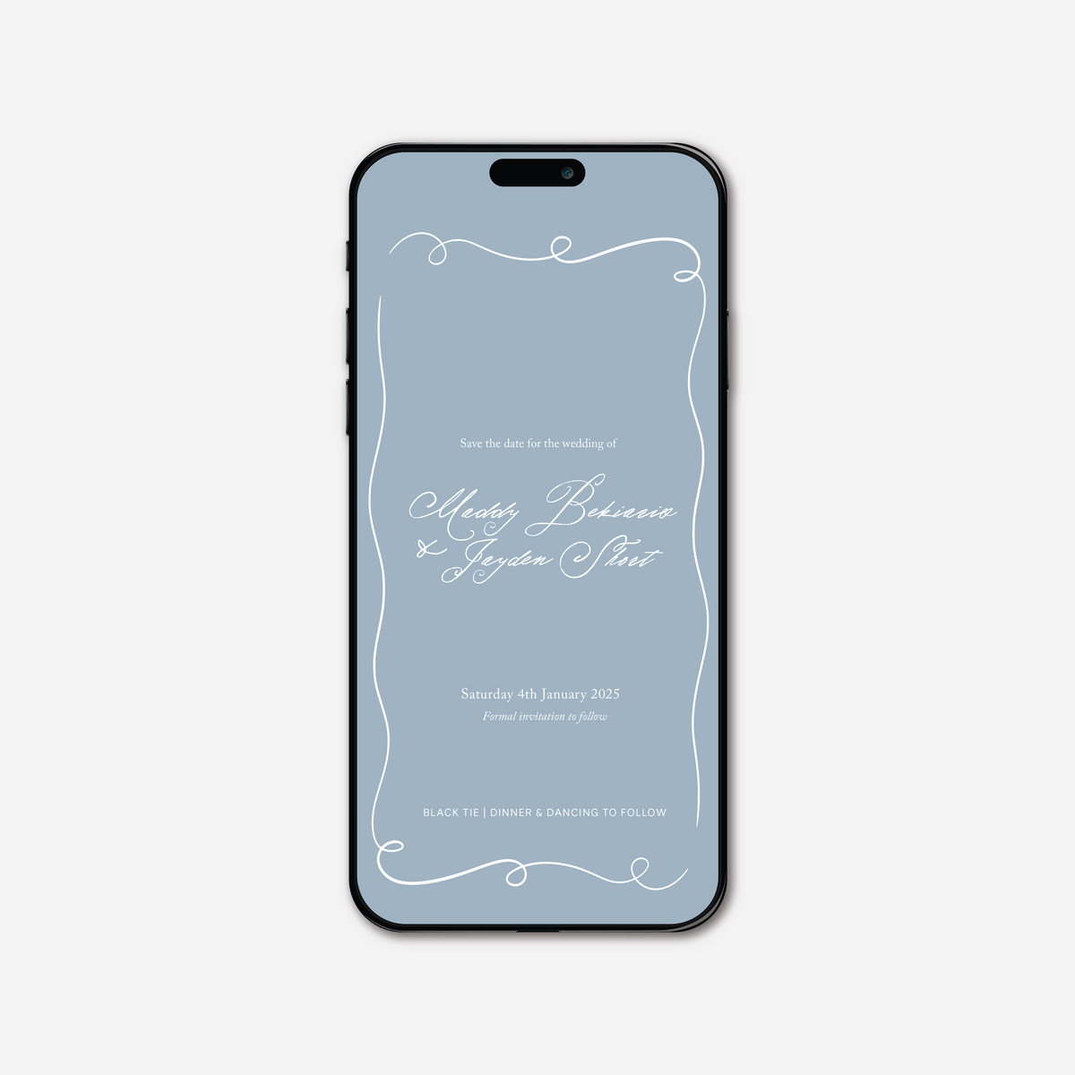 Digital save the date card (Elegance-style) in Wedding Blue — Just Hitched