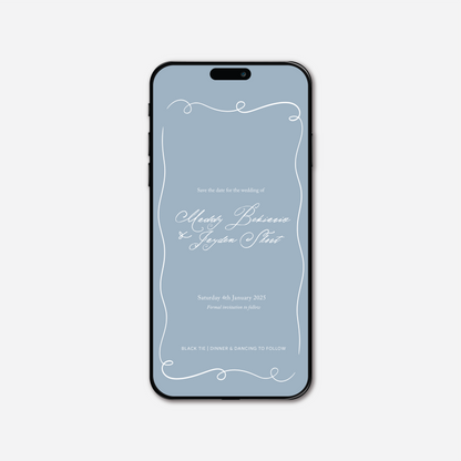Digital save the date card (Elegance-style) in Wedding Blue — Just Hitched
