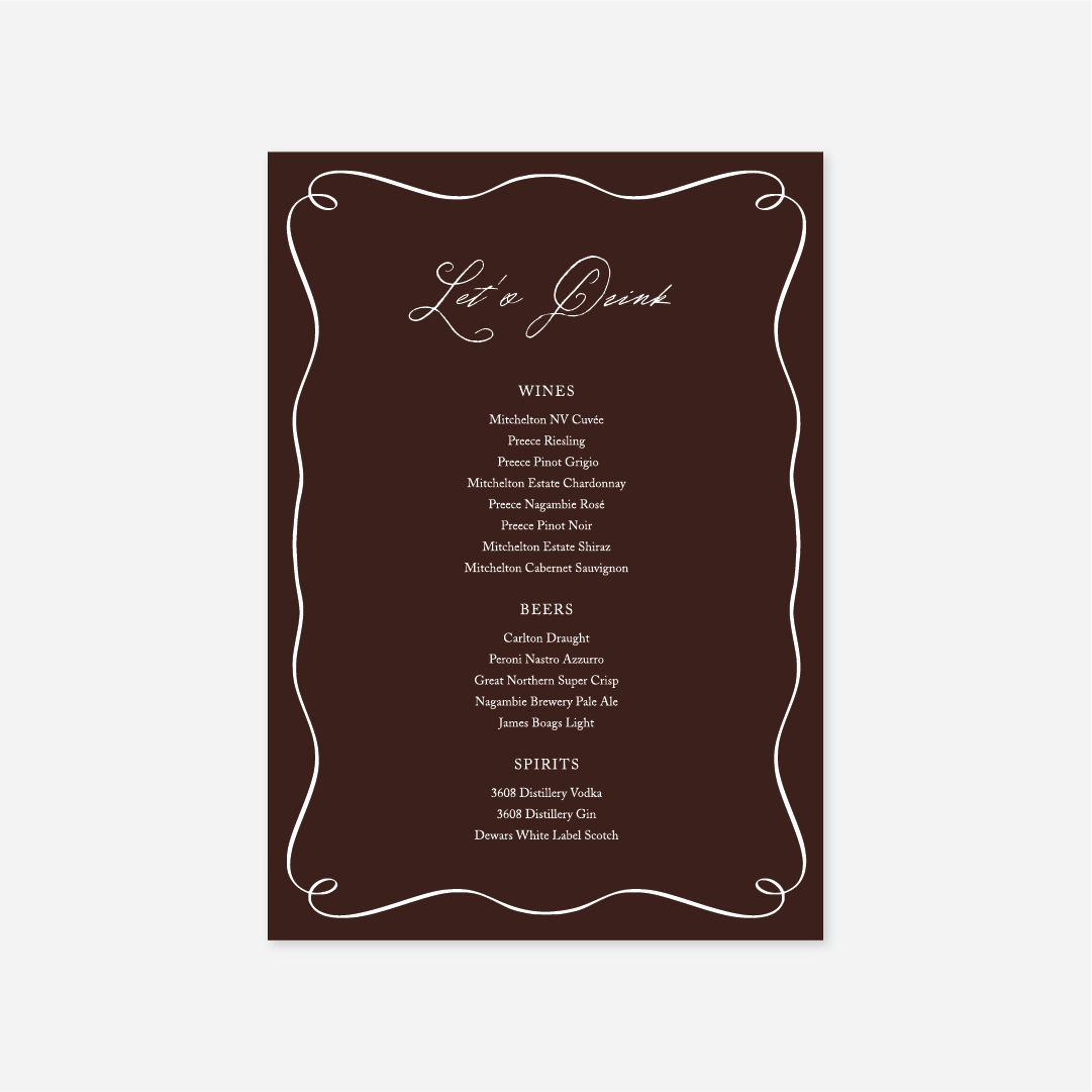 Elegance wedding drinks menu wedding stationery in Chocolate — Just Hitched