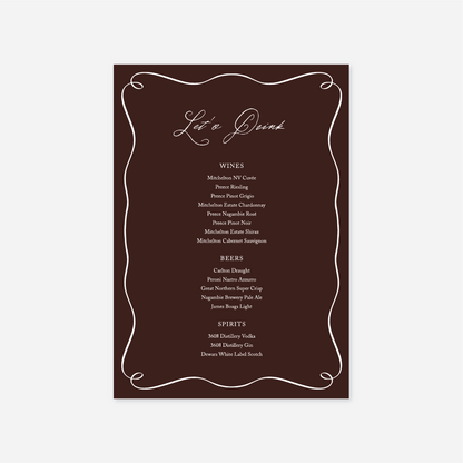 Elegance wedding drinks menu wedding stationery in Chocolate — Just Hitched