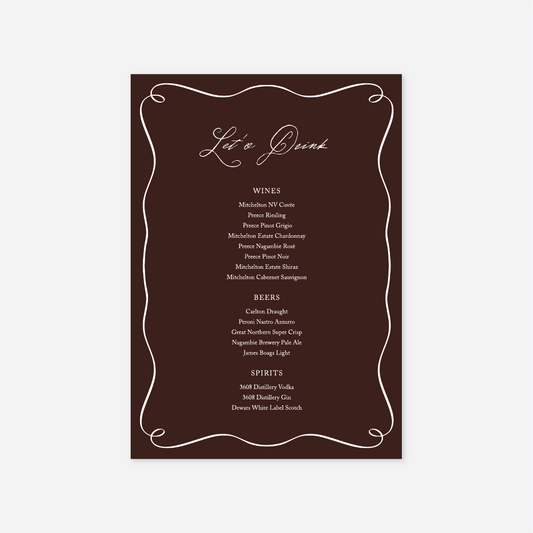 Elegance wedding drinks menu wedding stationery in Chocolate — Just Hitched