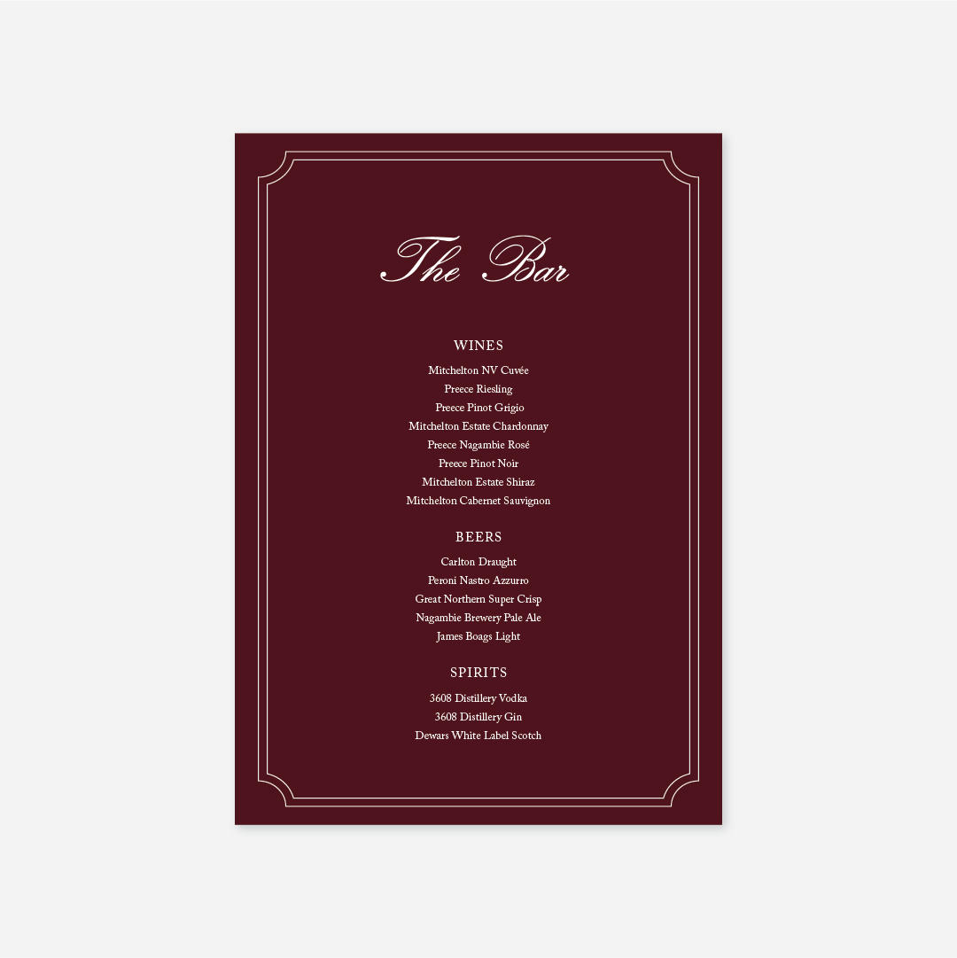 Heritage wedding bar menu wedding stationery in Burgundy — Just Hitched