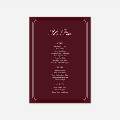 Heritage wedding bar menu wedding stationery in Burgundy — Just Hitched