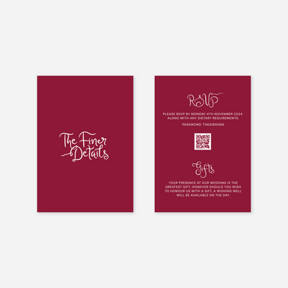 Whimsical wedding details card wedding stationery in Cherry Red — Just Hitched